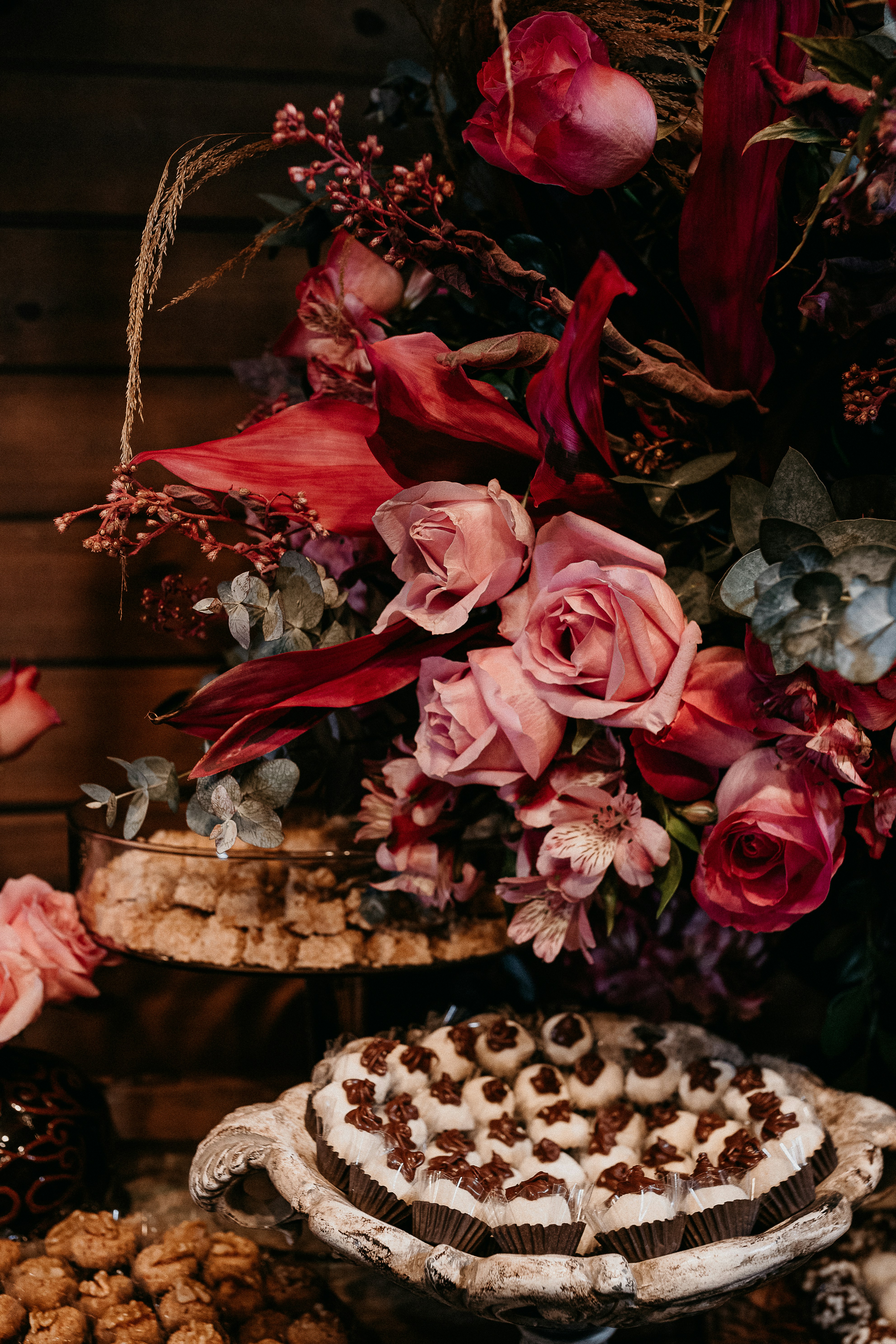 dessert and burgundy flowers