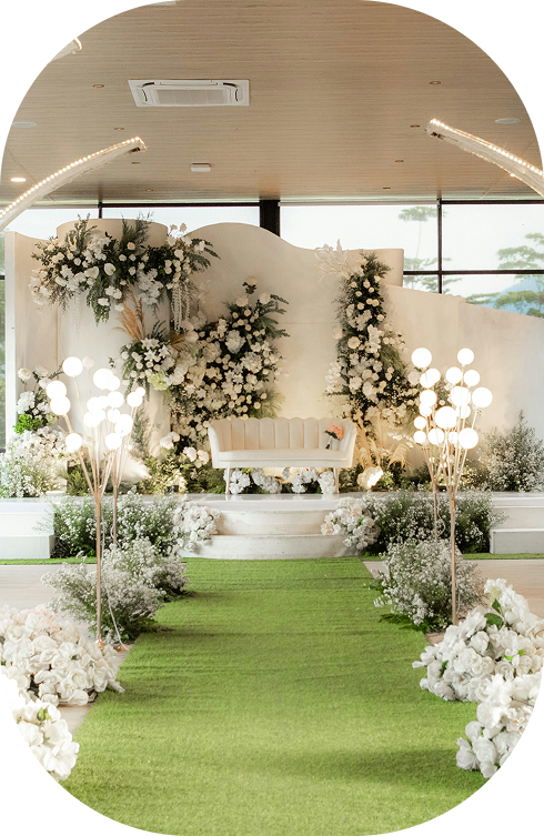walk to alther with white couch on alter